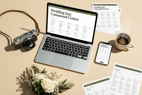 Laptop, smartphone, camera, and coffee on a desk with wedding planning documents.